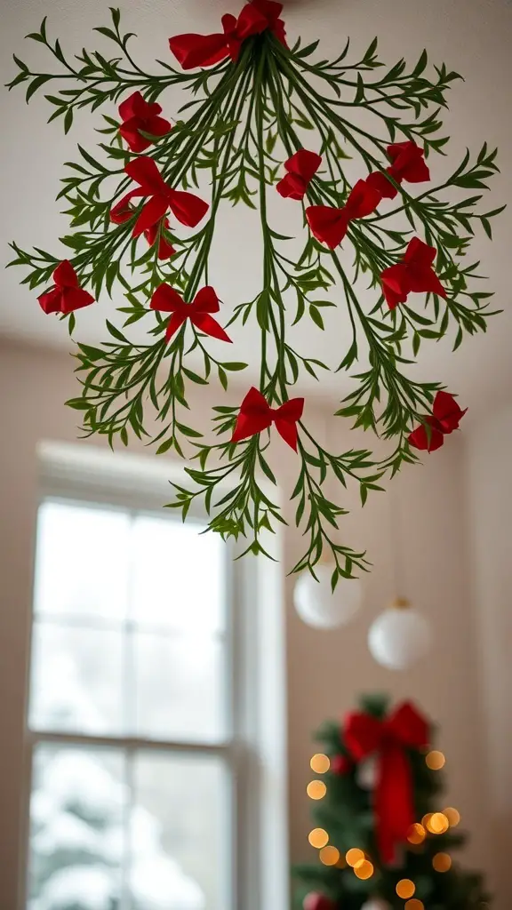 29+ Creative Christmas Ceiling Decoration Ideas to Festively Transform Your Home 2 A ceiling decoration of mistletoe with red bows