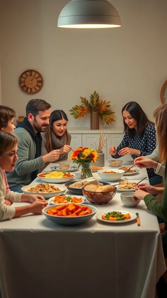 29+ Creative Thanksgiving Party Ideas to Celebrate in Style 11 A cozy Thanksgiving potluck gathering with friends and family around a table filled with various dishes.