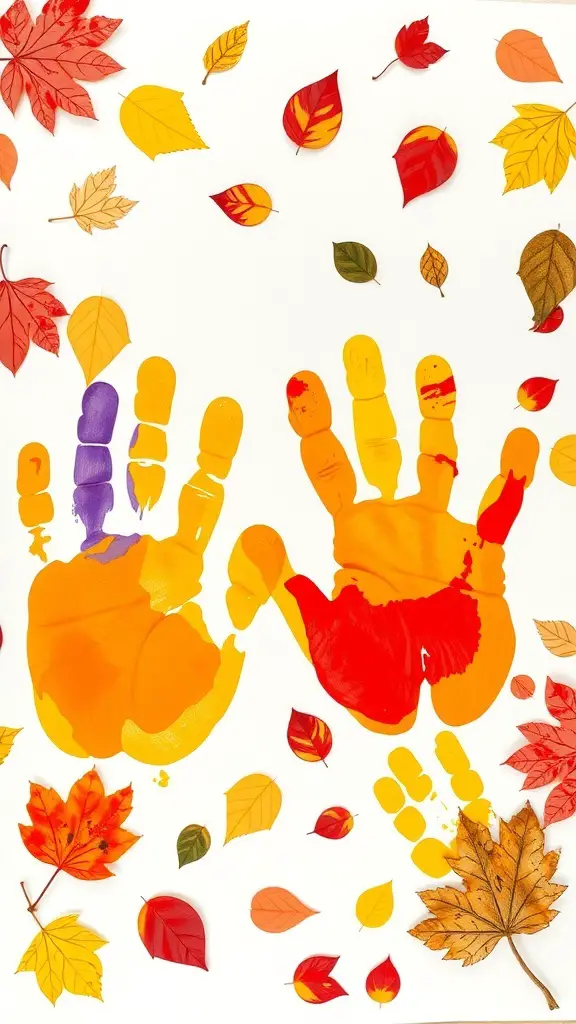 Colorful handprints on paper surrounded by autumn leaves