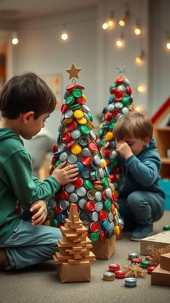 Two children decorating Christmas trees made from bottle caps and wooden blocks.