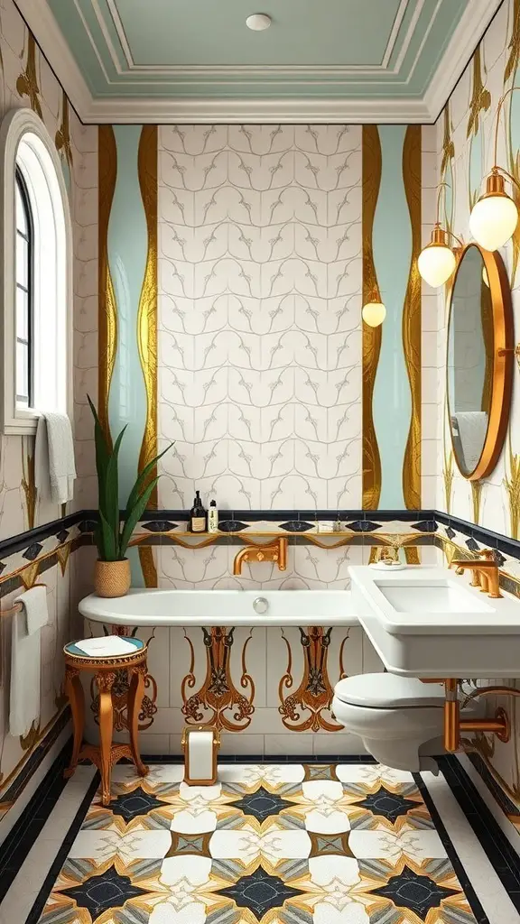Art Deco inspired bathroom with geometric tiles and gold accents