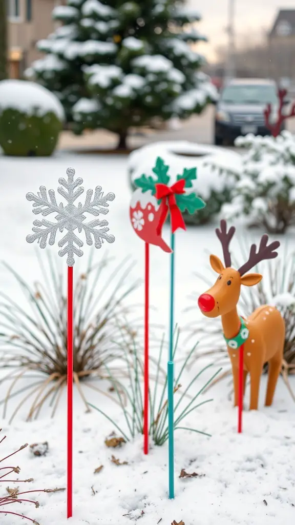 Colorful winter-themed garden stakes including a snowflake, a bird, and a reindeer in a snowy garden.