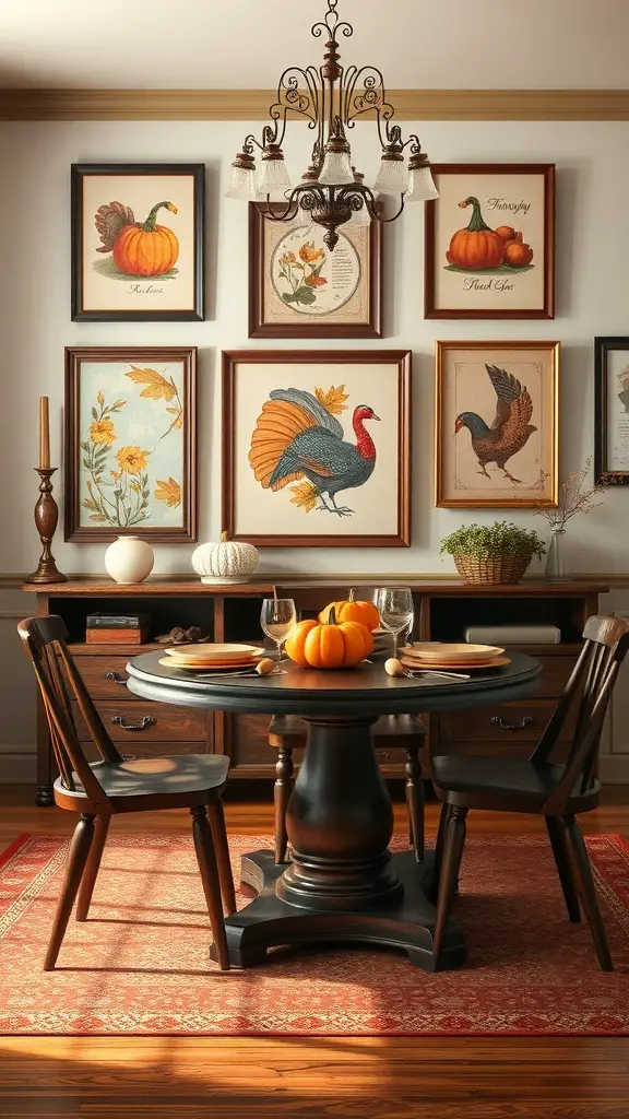 A cozy dining area with classic Thanksgiving wall art featuring pumpkins and turkeys.