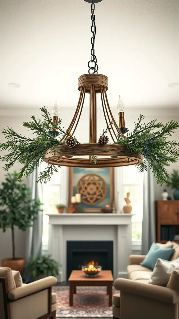 29+ Stunning Christmas Chandelier Ideas to Brighten Your Holidays 2 A rustic wood chandelier decorated with pine branches and pinecones, hanging in a cozy living room.