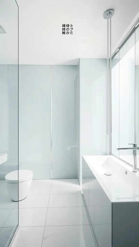 29+ Stunning Bathroom Flooring Ideas to Transform Your Space 11 A modern bathroom featuring sleek glass tiles and minimalist design elements.