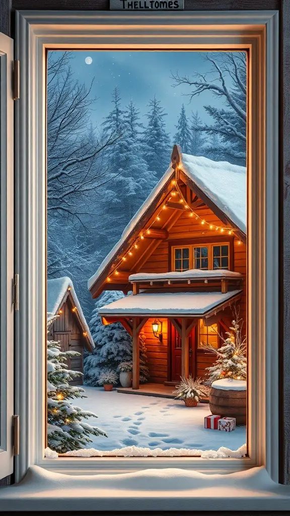 23+ Stunning Christmas Window Decorations to Brighten Your Home 2 A cozy cabin in a snowy landscape, decorated with lights and surrounded by trees.