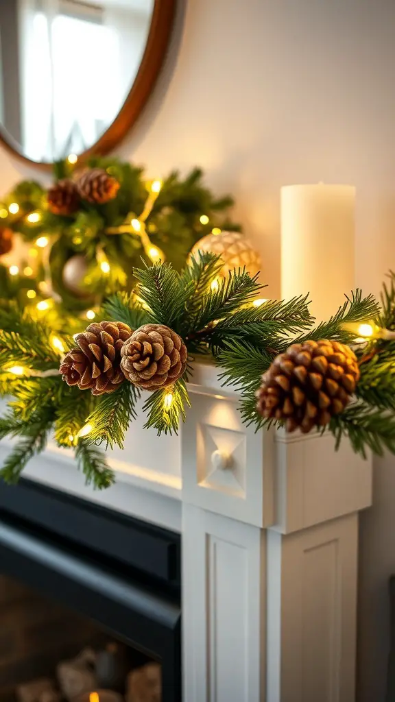 A lighted garland with pinecones and lights on a mantel