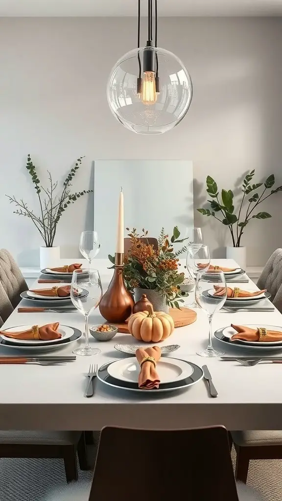 A modern minimalist Thanksgiving table setting with white table, dark plates, rust-colored napkins, elegant glassware, and a centerpiece of greenery and a small pumpkin.