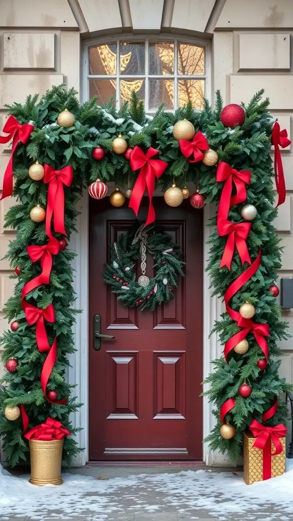 29+ Creative Christmas Doorway Decorations to Brighten Your Holiday Season 2 A festive Christmas doorway decorated with garlands, red bows, and ornaments.
