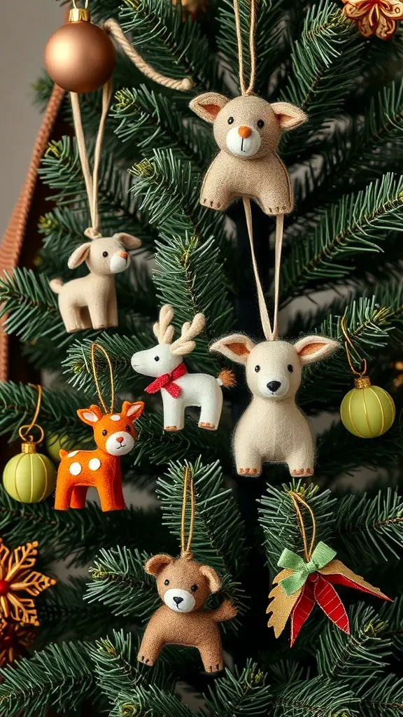 Colorful handmade felt animal ornaments hanging on a Christmas tree