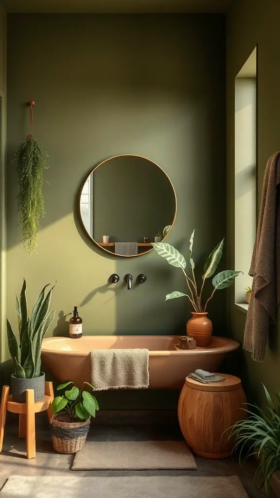 27+ Stunning Bathroom Paint Colors to Transform Your Space 10 A serene bathroom painted in earthy olive green, featuring plants, a round mirror, and natural materials.