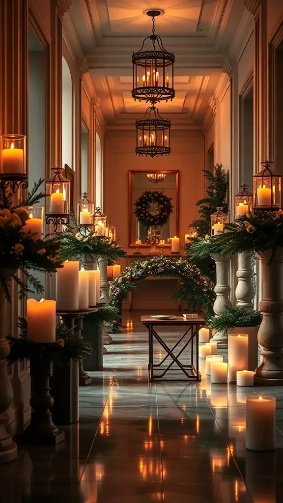 27+ Festive Christmas Hallway Ideas to Transform Your Home 2 A beautifully decorated hallway with candles and greenery for Christmas.