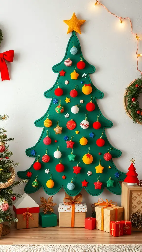 29+ Creative Wall Christmas Tree Ideas for a Festive Holiday Display 4 A colorful felt Christmas tree decorated with ornaments, displayed on a wall with gifts and a small tree nearby.