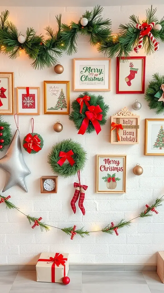 A festive wall decorated with Christmas wreaths, framed art, and ornaments.