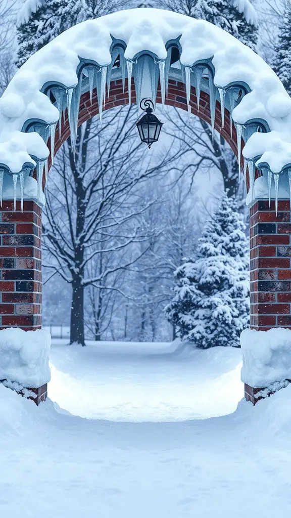 A snowy archway with icicles and a lantern, leading into a winter wonderland.