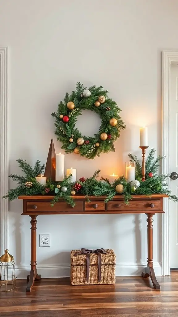 25+ Christmas Entryway Decor Ideas to Transform Your Home 2 A charming entryway table decorated for Christmas with a wreath, candles, and a basket.