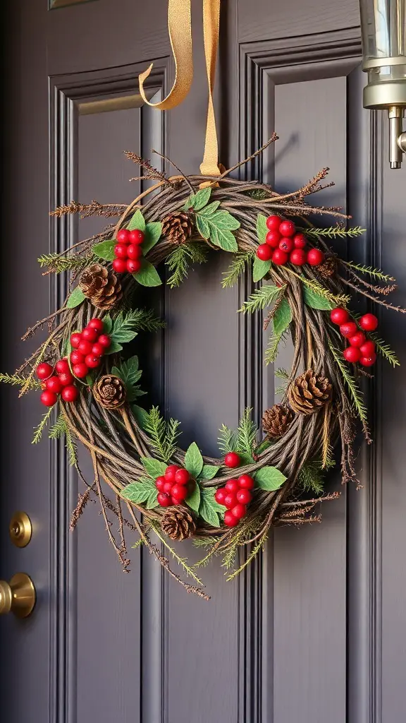 A nature-inspired wreath with pinecones and red berries hanging on a door.