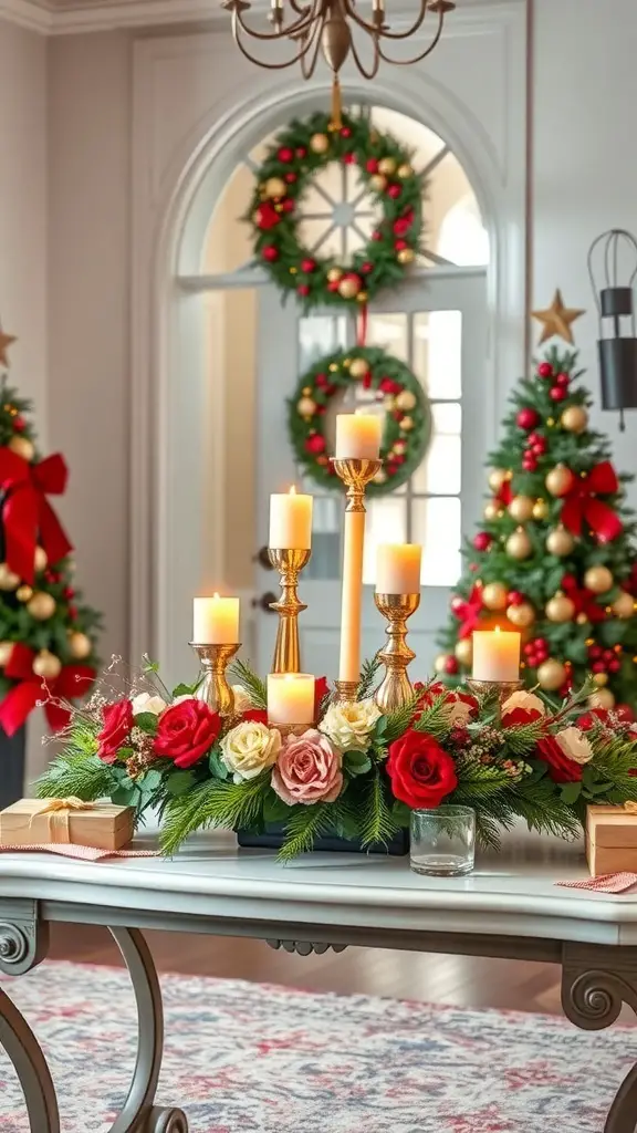 A beautifully arranged Christmas centerpiece with candles and flowers, set in a festive entryway.