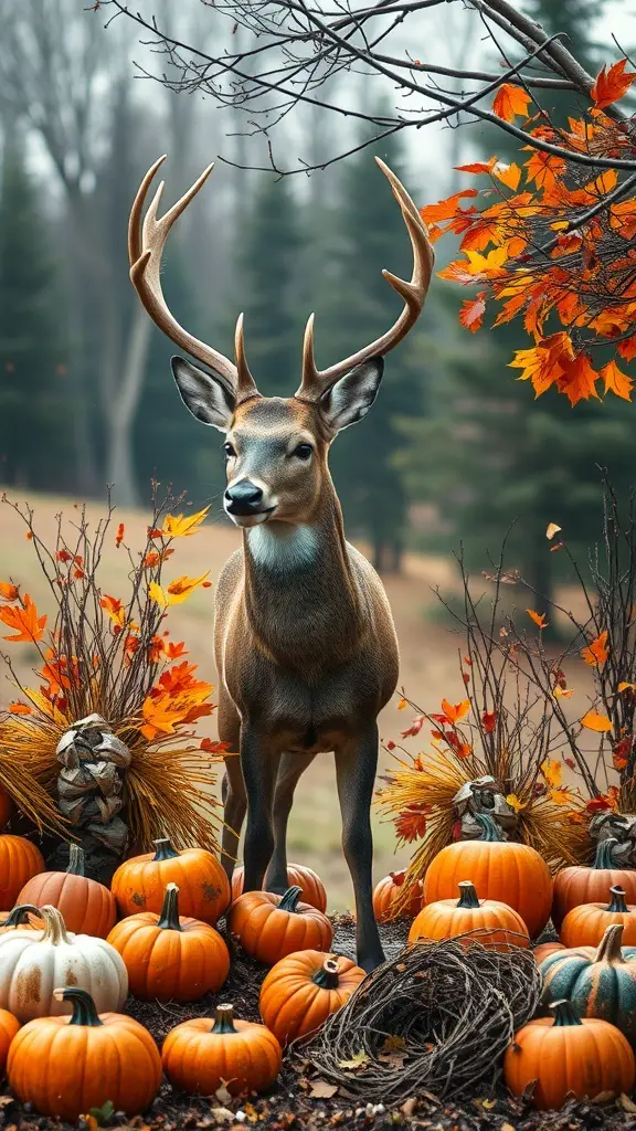 27+ Stunning Deer Mount Wall Arrangements for Every Home 10 A deer mount surrounded by pumpkins and autumn leaves, creating a seasonal decor arrangement.