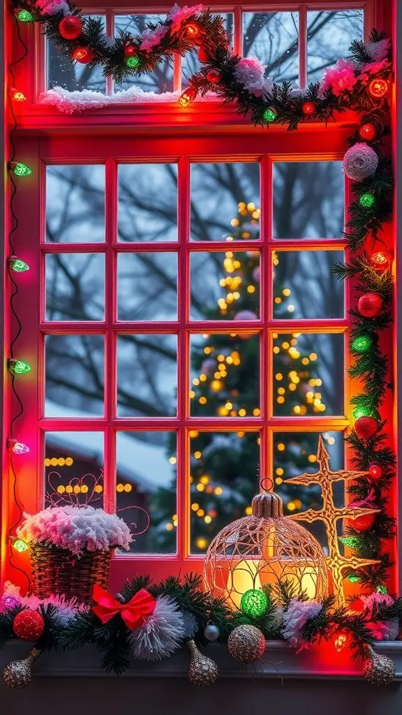A festive window display decorated with colorful lights, garlands, and a glowing lantern, showcasing a Christmas tree in the background.