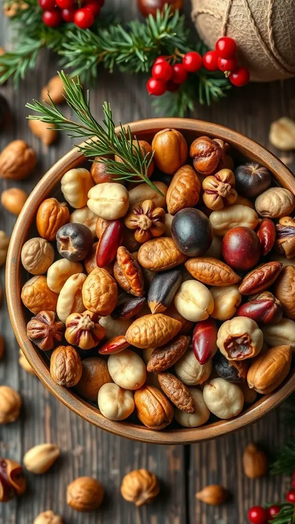 29+ Festive Grazing Table Ideas for a Perfect Christmas Celebration 9 A bowl of assorted nuts surrounded by festive decorations