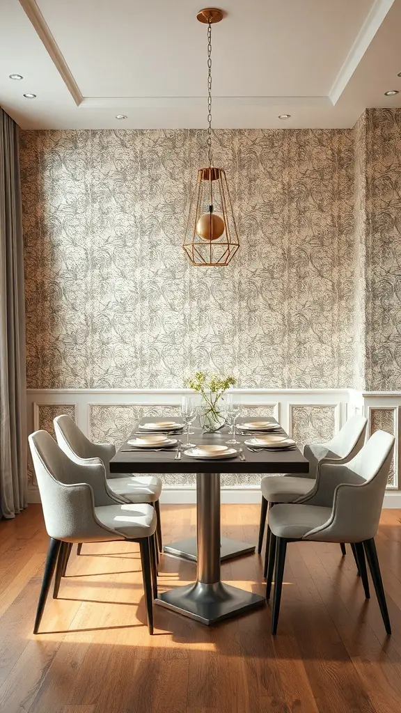 29+ Stunning Dining Room Wallpaper Ideas to Transform Your Space 3 A stylish dining room with metallic accents and intricate wallpaper.