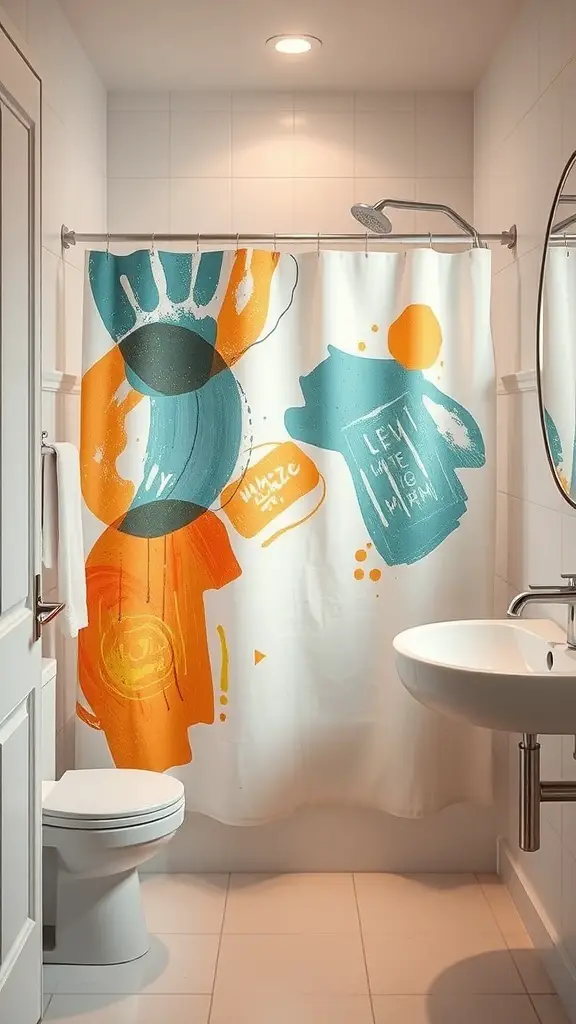 Artistic abstract shower curtain with vibrant colors and shapes