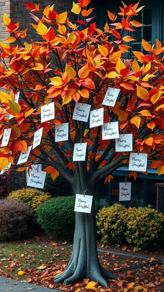 A colorful Thanksgiving Gratitude Tree with notes of gratitude hanging from its branches.