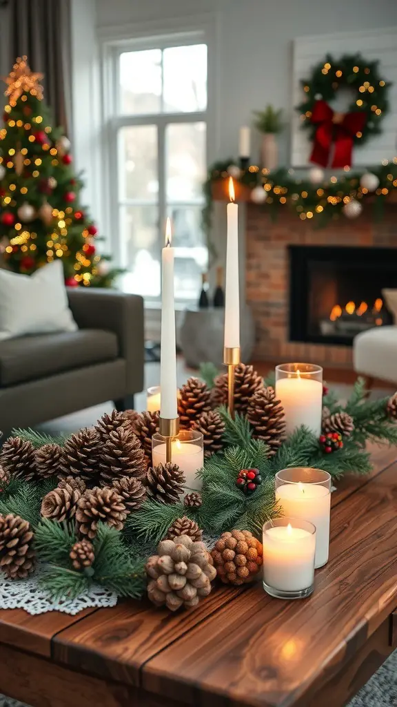 25+ Creative Christmas Decor Ideas for Your Living Room 2 A cozy Christmas coffee table centerpiece with candles, pinecones, and greenery.