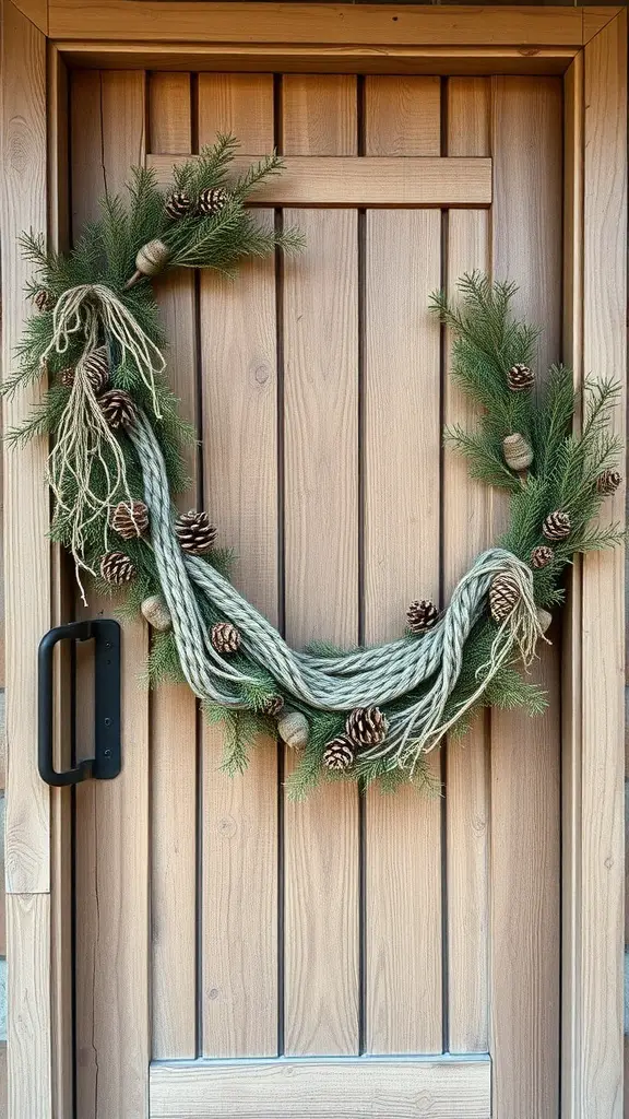 A rustic garland made of greenery, twine, and pinecones hanging over a wooden doorway.