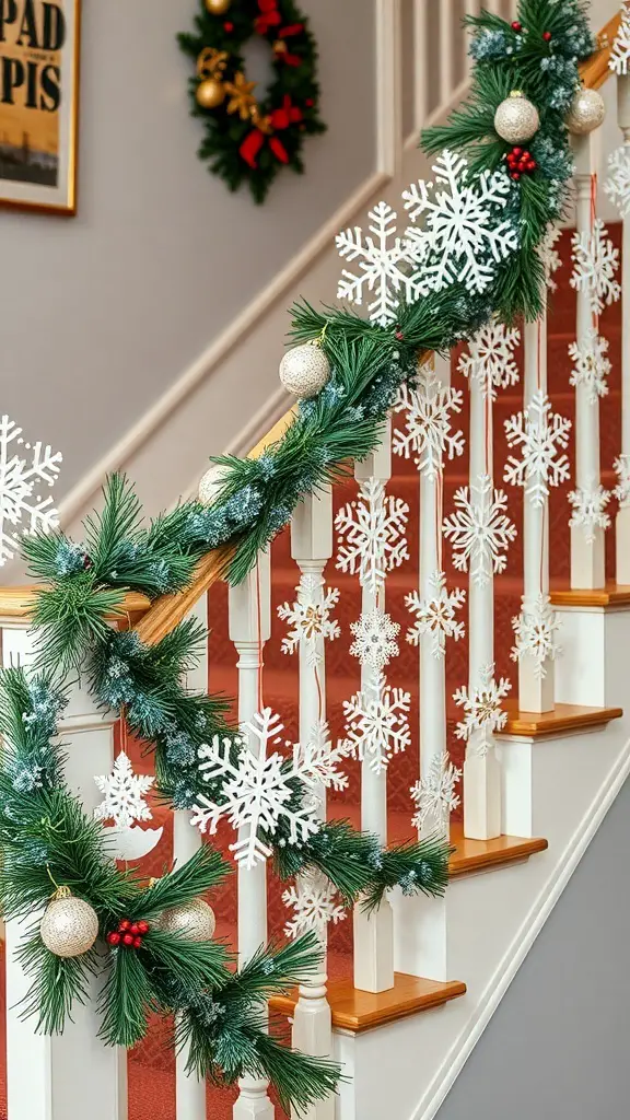 27+ Creative Indoor Christmas Railing Decor Ideas 2 A beautifully decorated staircase railing with green garland, gold ornaments, and white paper snowflakes.