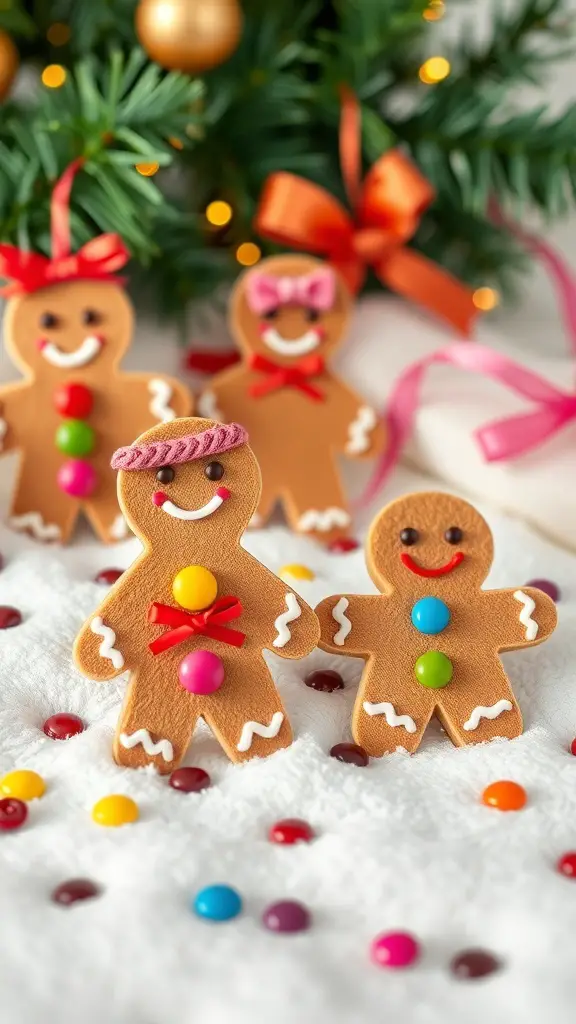 Colorful foam gingerbread men decorated with buttons and ribbons, set against a festive background.