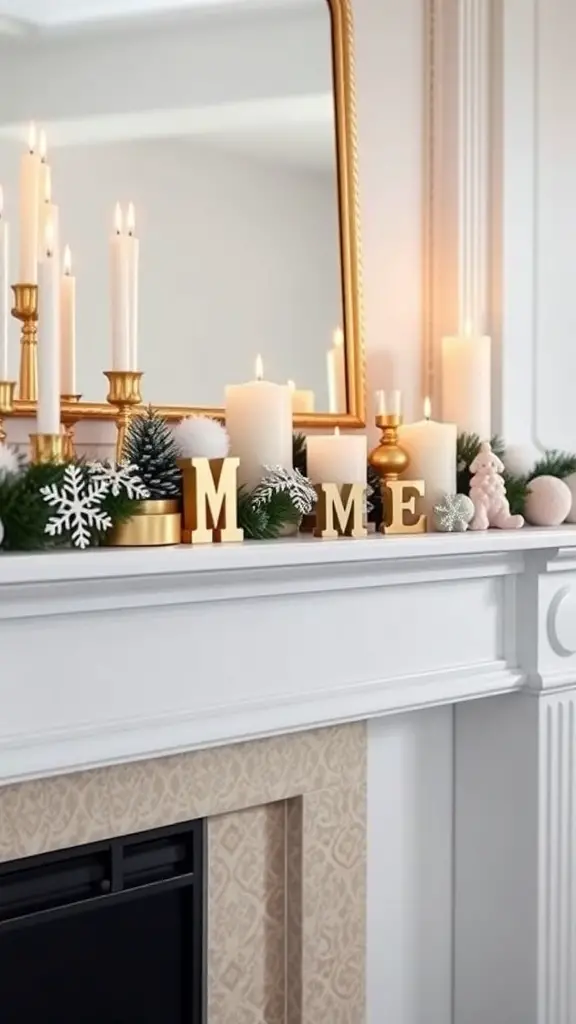 29+ Creative Christmas Mantel Decorating Ideas to Inspire Your Holiday Spirit 2 A beautifully decorated mantel with white and gold accents, featuring candles, greenery, and decorative letters.
