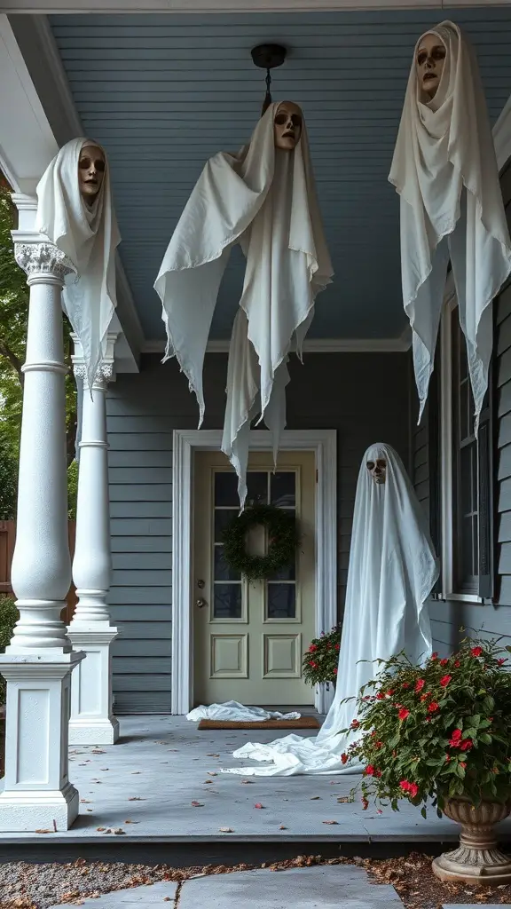 Ghostly figures hanging at a front door for Halloween decoration.