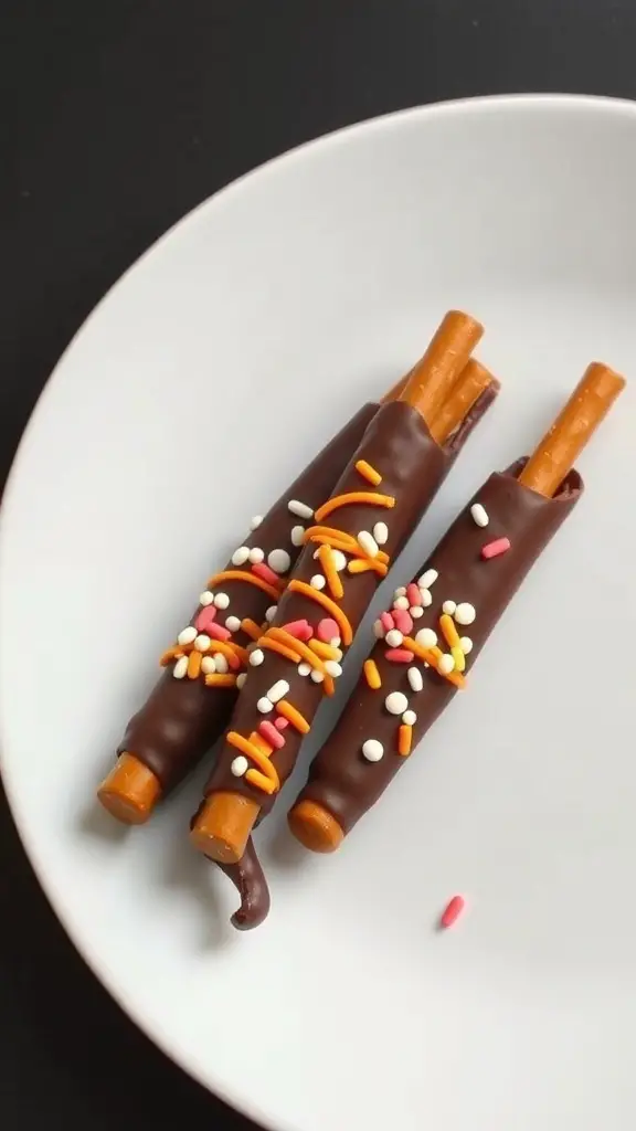 Chocolate-dipped pretzel sticks decorated with colorful sprinkles on a white plate.