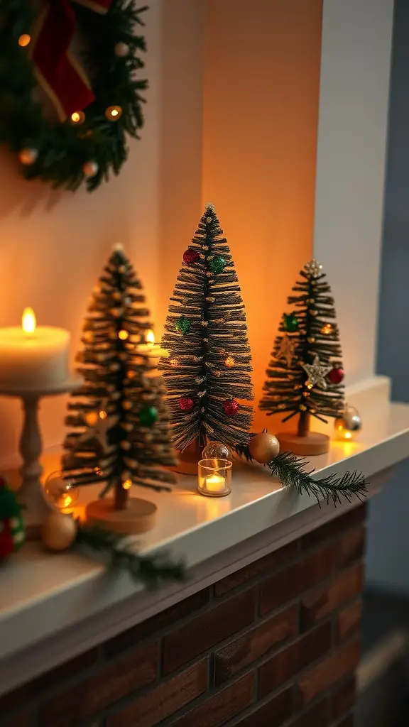Miniature Christmas trees decorated with lights and ornaments on a mantel