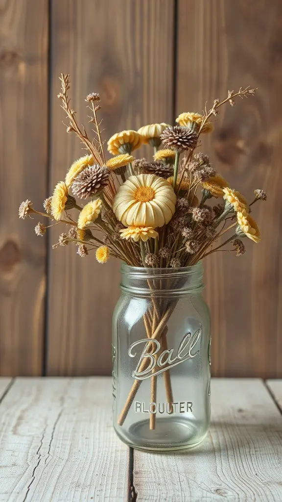 A mason jar filled with dried flowers, showcasing warm colors against a wooden background.