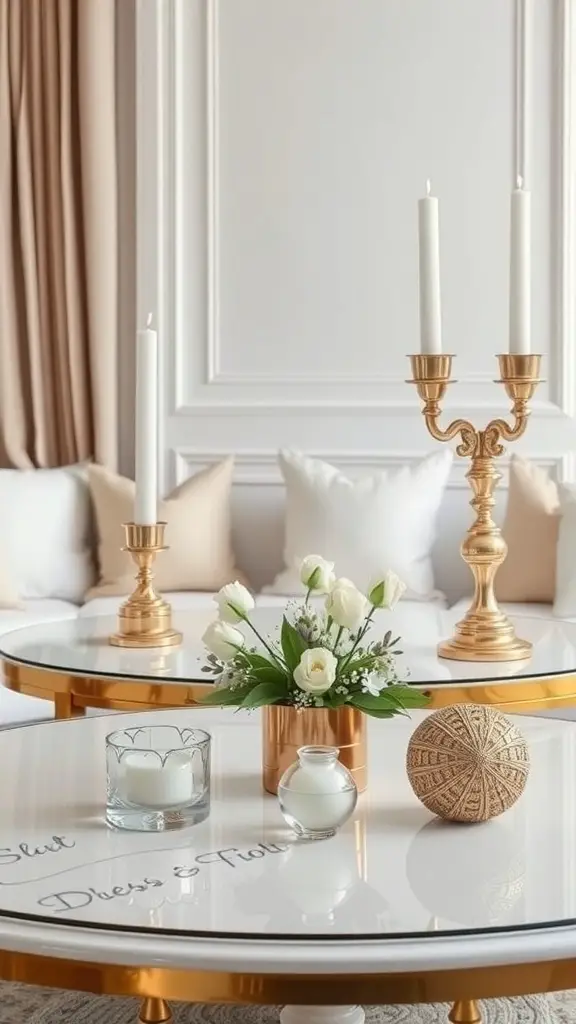 A coffee table decorated with white flowers, gold candle holders, and a decorative ball.