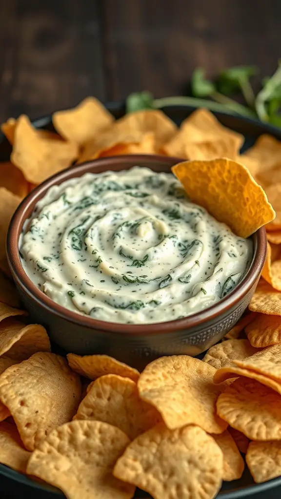 29+ Delicious Thanksgiving Appetizers to Impress Your Guests 11 A bowl of creamy spinach artichoke dip surrounded by tortilla chips.