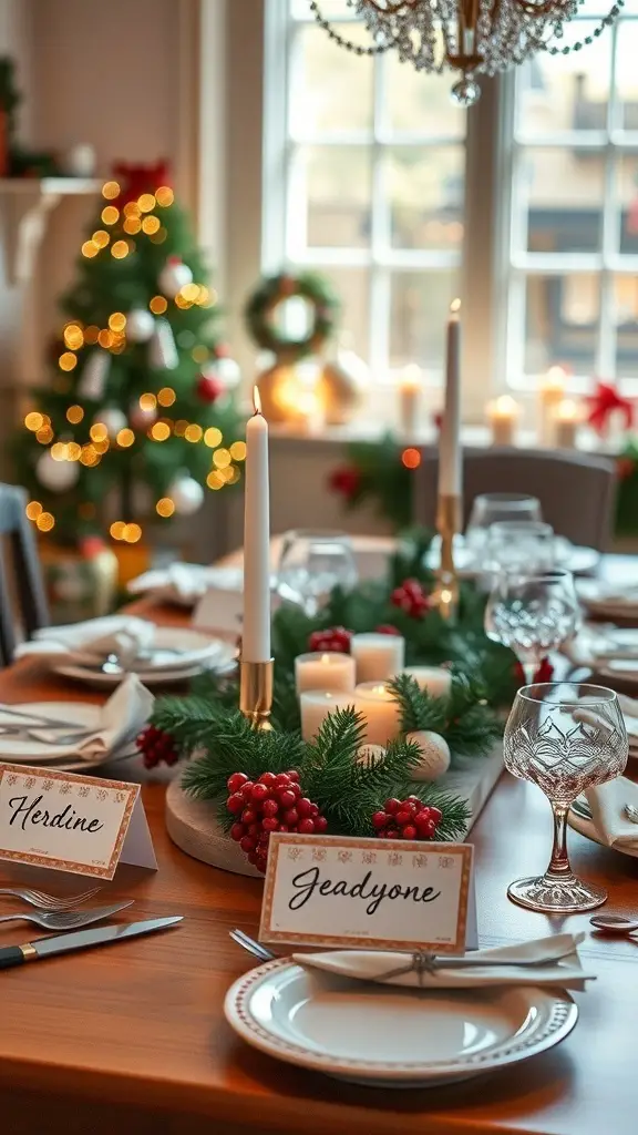 A beautifully set Christmas dining table featuring place cards with names, candles, and festive decorations.