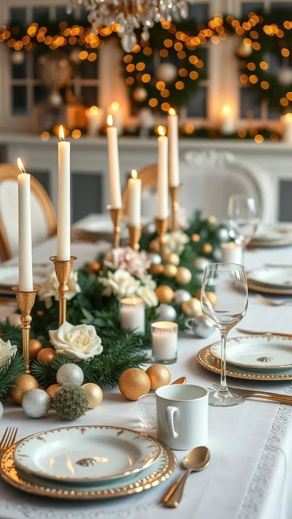 Christmas dinner table setting with white and gold theme, featuring candles, floral arrangements, and elegant tableware.