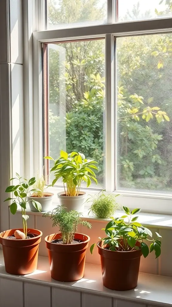 27+ Creative Plant Display Ideas to Transform Your Bathroom 8 A bright window sill with various potted herbs and plants basking in sunlight.