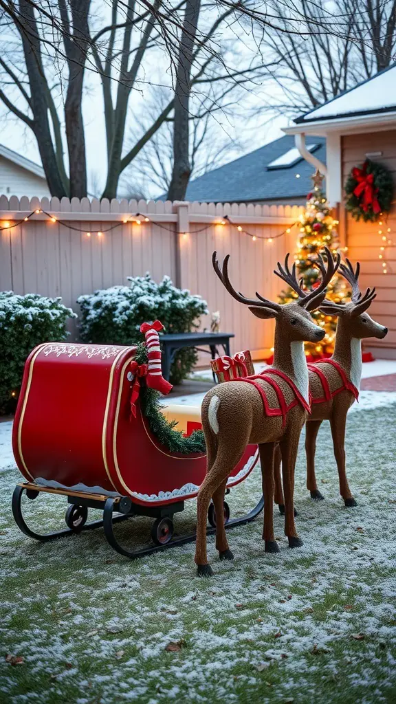 A festive sleigh and reindeer display in a snowy backyard