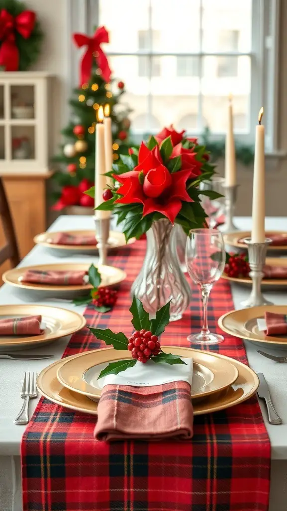 A traditional Christmas table setting with red and green decor, featuring a plaid table runner, floral centerpiece, and elegant tableware.