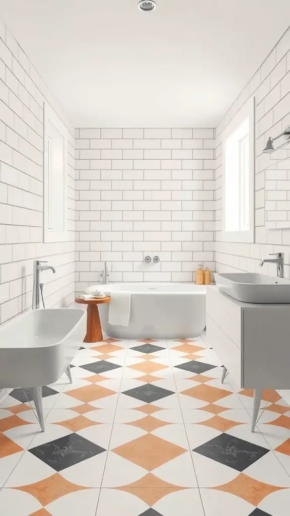 27+ Stunning Mid Century Modern Bathroom Ideas You'll Love 3 A modern bathroom with geometric tile designs on the floor featuring orange, black, and white patterns, complemented by white subway tiles on the walls.