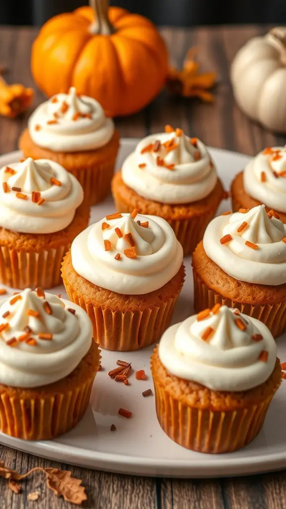 25+ Delicious Thanksgiving Desserts Perfect for a Crowd 10 A plate of pumpkin spice cupcakes with cream cheese frosting and decorative sprinkles, surrounded by small pumpkins.