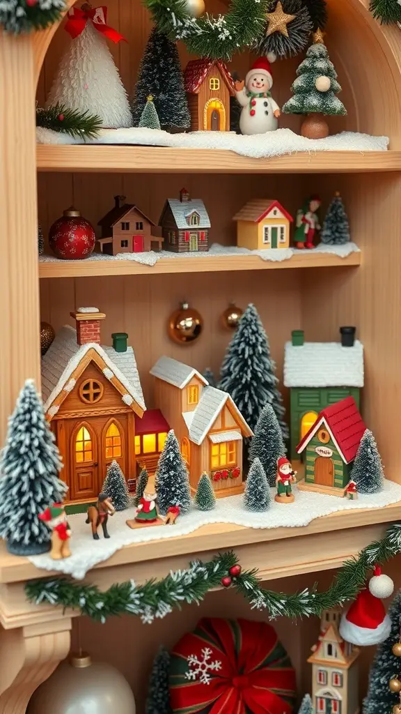 A charming Christmas village display with colorful houses, festive figures, and decorative trees.