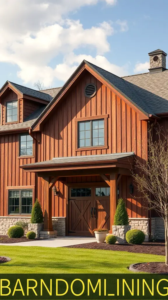 27+ Stunning Barndominium Exterior Ideas to Inspire Your Dream Home 13 A barndominium with contrasting trim colors, showcasing a warm wood exterior and darker trim.