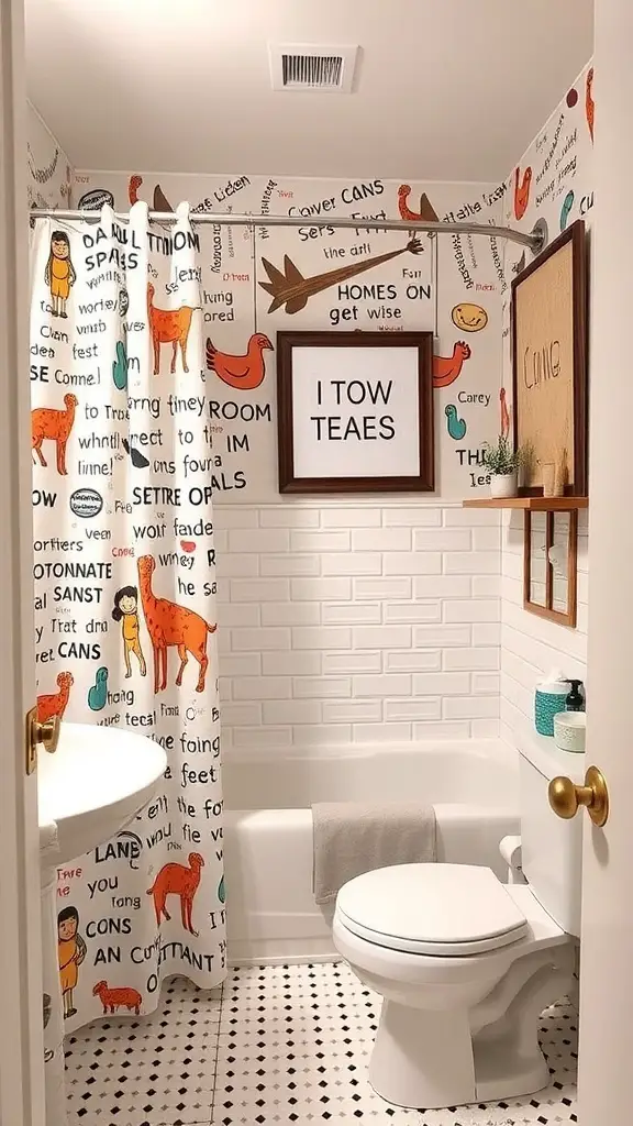 29+ Stunning Guest Bathroom Ideas to Elevate Your Space 15 A whimsical guest bathroom with colorful shower curtain and playful decor.