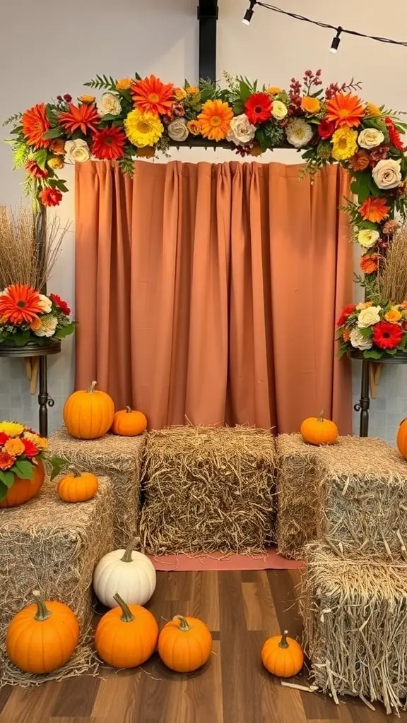 Harvest-themed photo booth with pumpkins, flowers, and hay bales